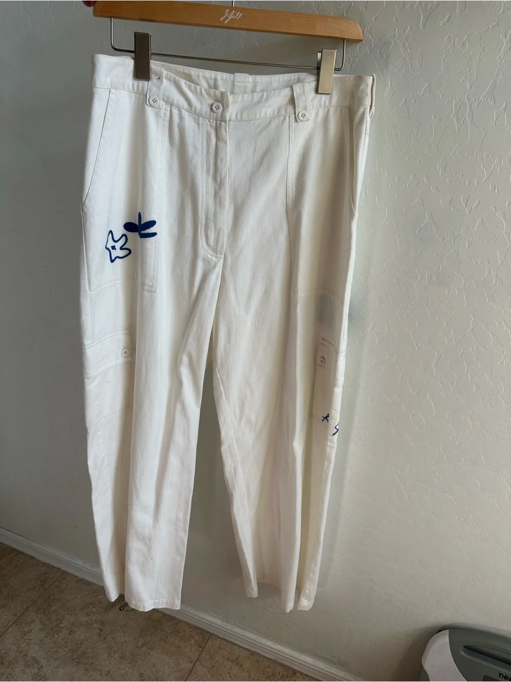 Rue Stiic Dakota Cargo Painter Pants  - White Denim with Blue Embroidery